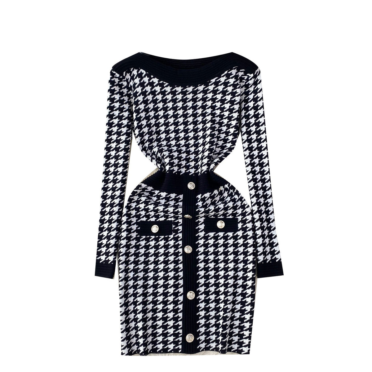 Premium Houndstooth Patchwork Knitted Dress