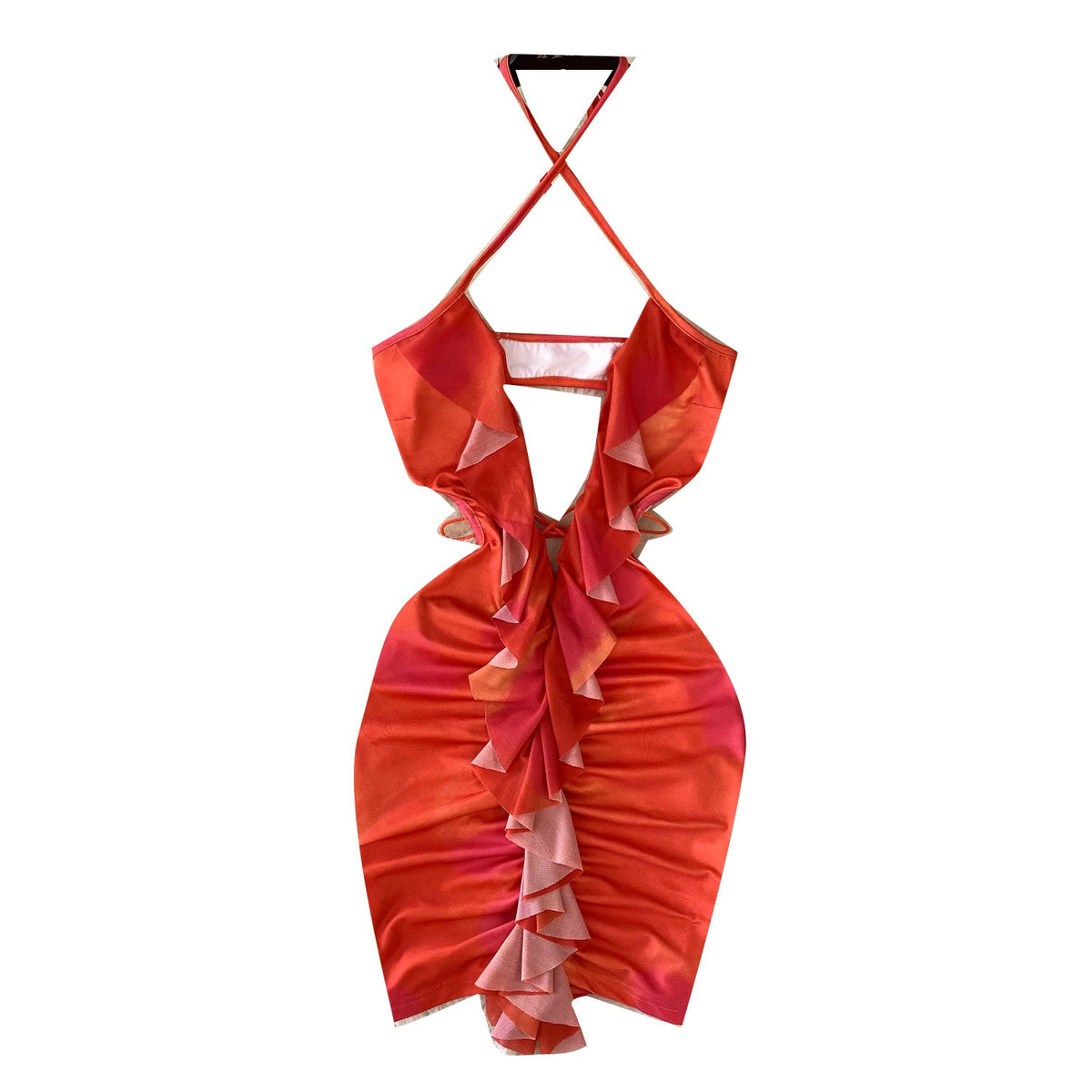 Hollowed Ruffle Backless Halter Dress