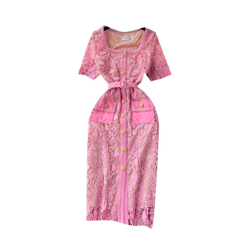 Pink Lace Embroidered Hollowed Dress