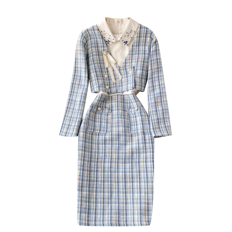 Plaid Beaded Cardigan&Tweed Dress 2PCs