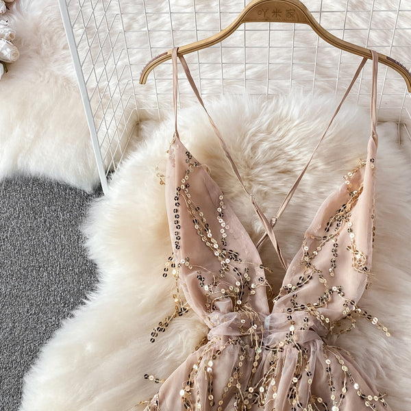 V-neck Backless Sequin Slip Dress