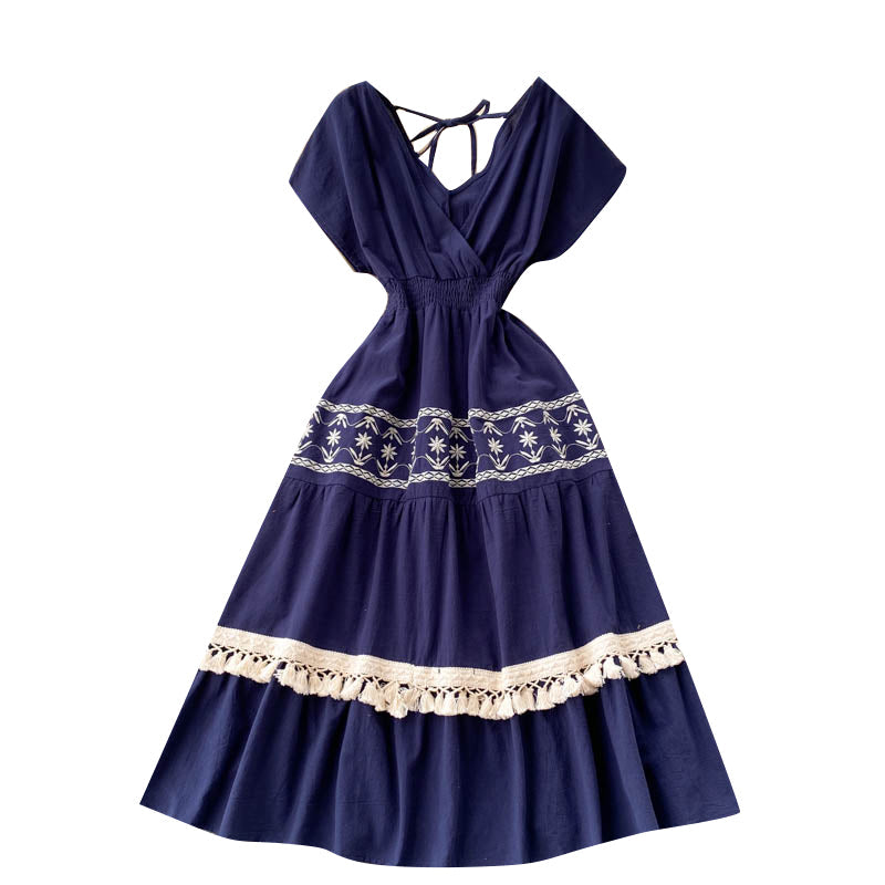 Ethnic Style Embroidered Tassel Dress