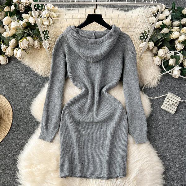 Hooded Drawstring Stretchy Knitted Dress