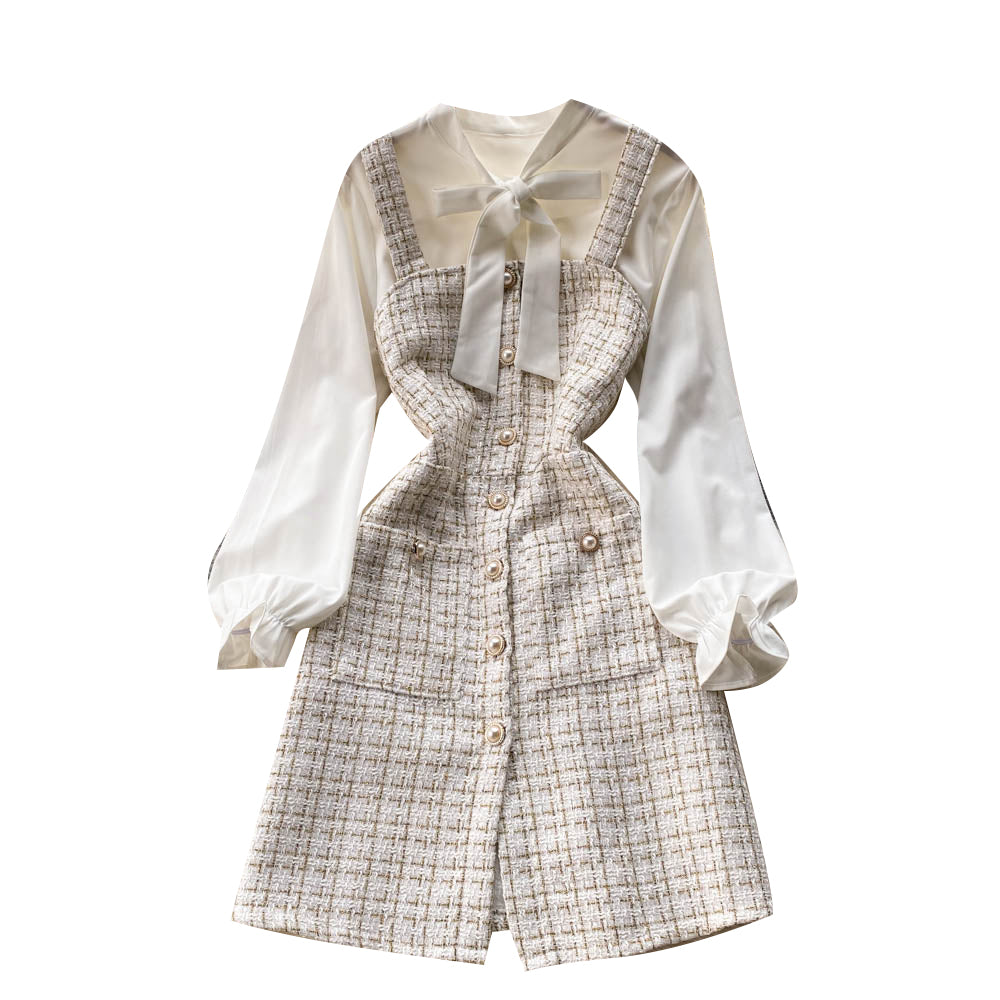 Bow-tie Tweed White Shirt&Plaid Dress