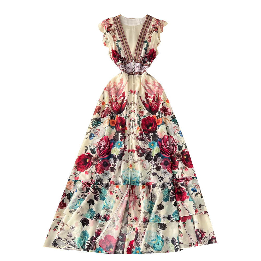 Ethnic Style V-neck Floral Layered Dress