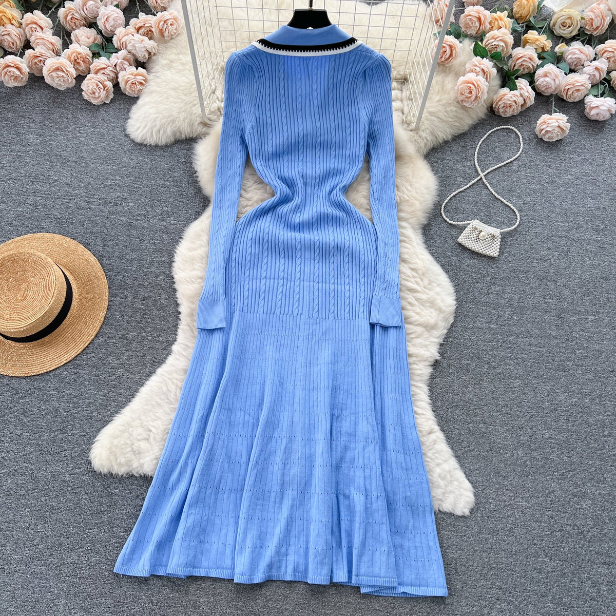 Color Blocking Embroidery Knitted Dress