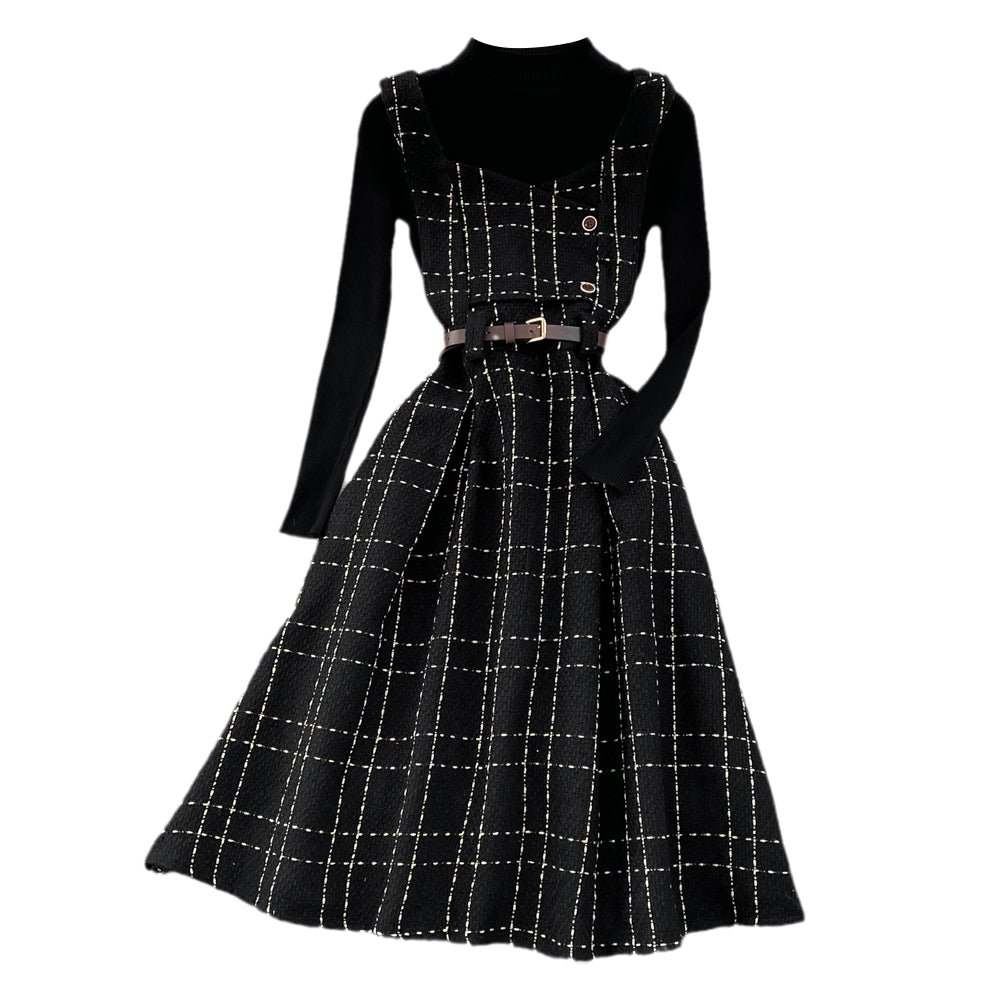 Bottoming Sweater&Plaid Tweed Dress 2Pcs
