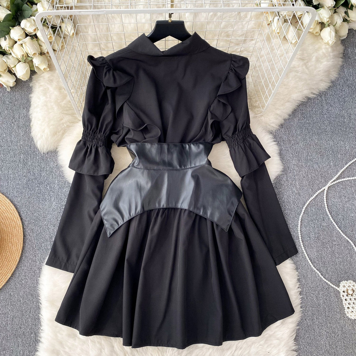 PU Girdle Ruffled Black Shirt Dress