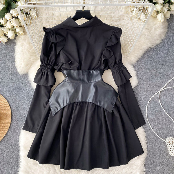 PU Girdle Ruffled Black Shirt Dress