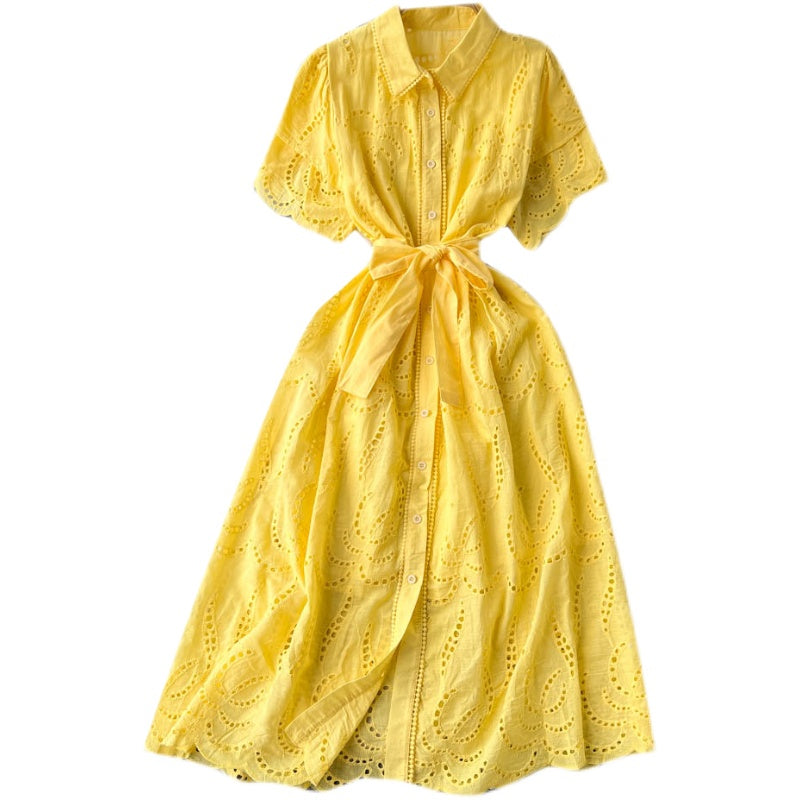 Lapeled Puff Sleeve Hollowed Dress