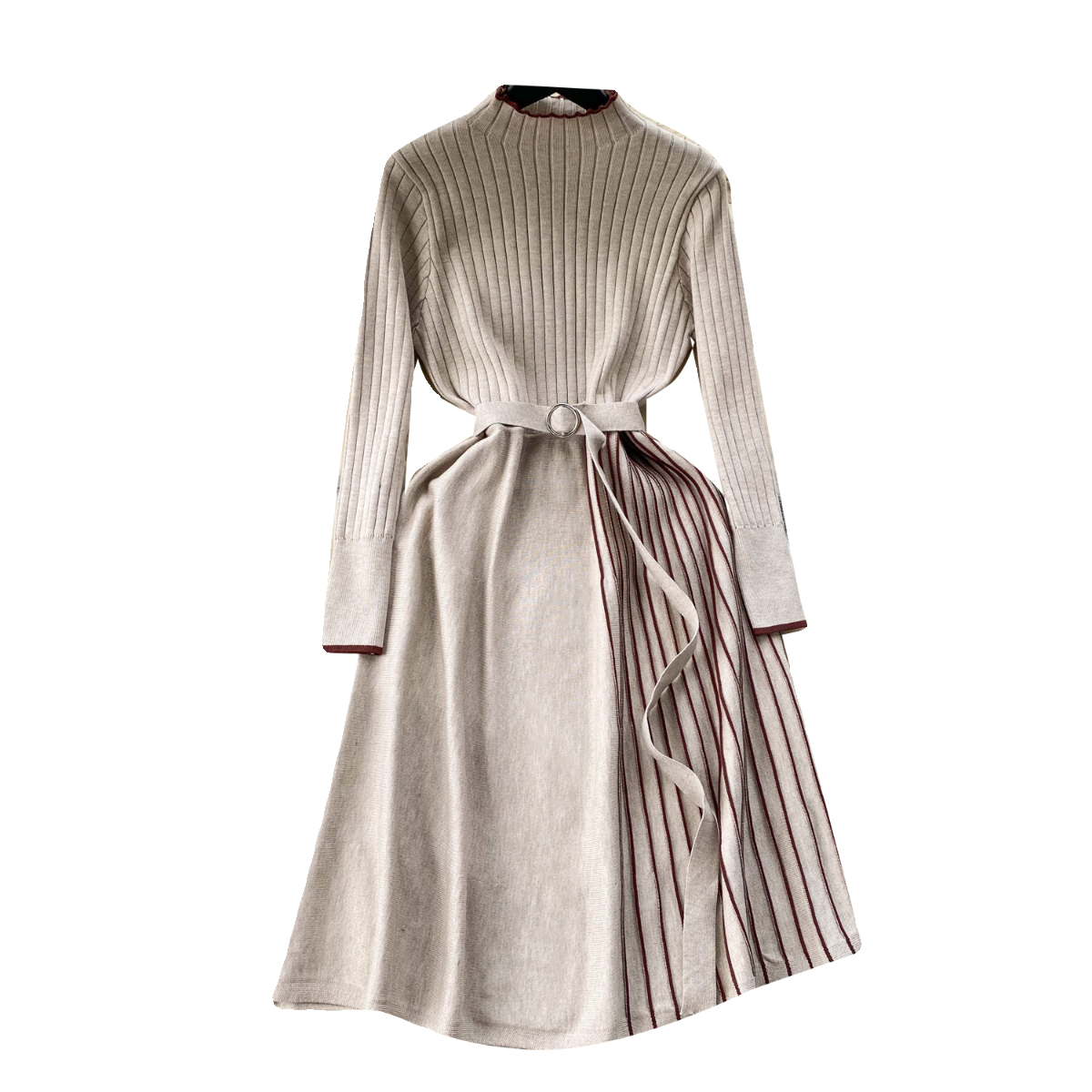 Thermal Striped Knitted Dress with Belt