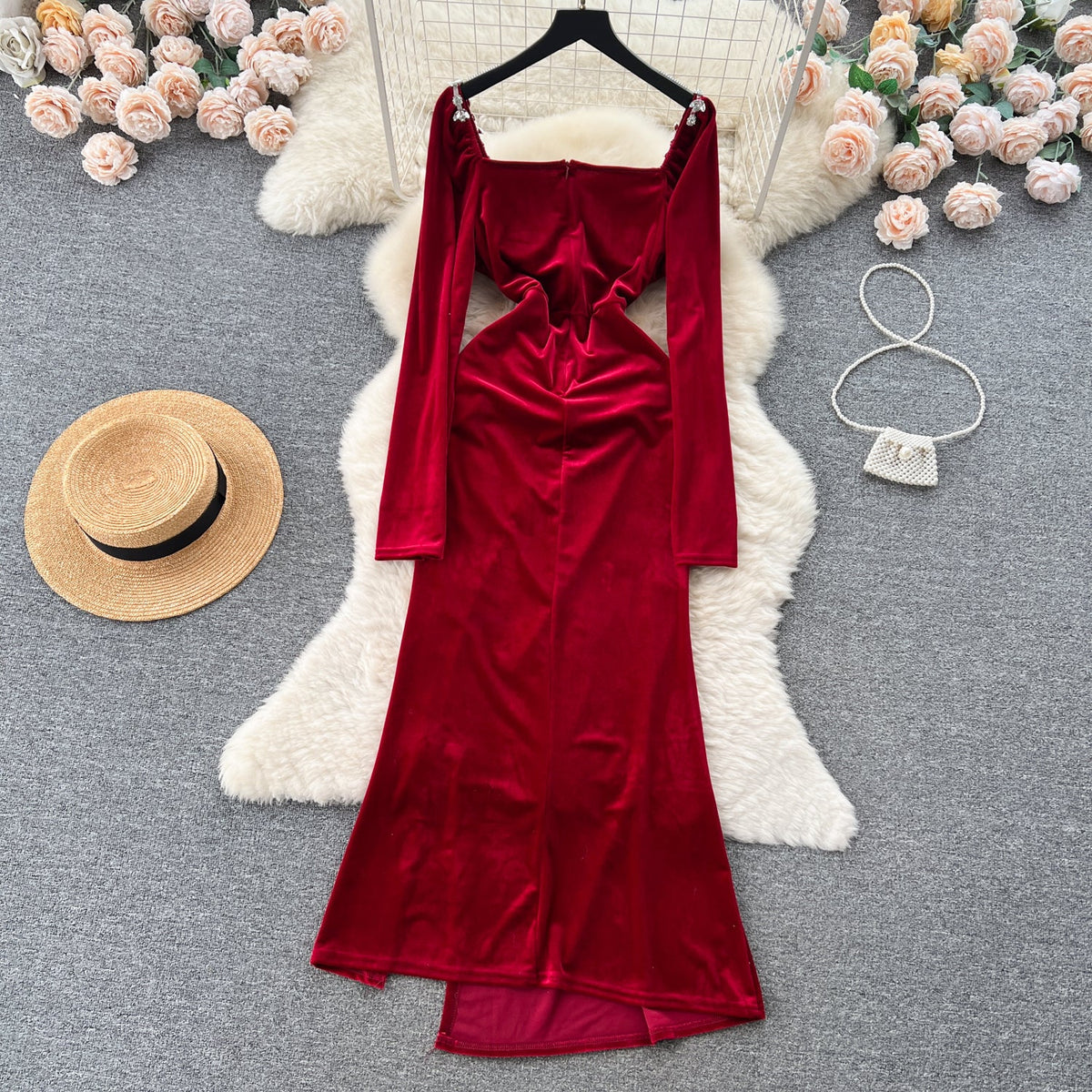Vintage Rhinestone Studded Split Dress