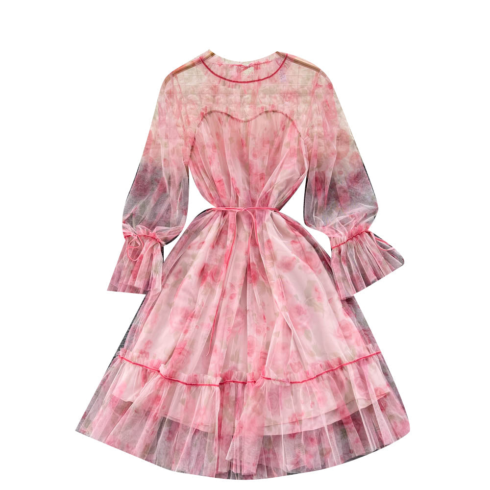 Niche See-through Mesh Floral Dress