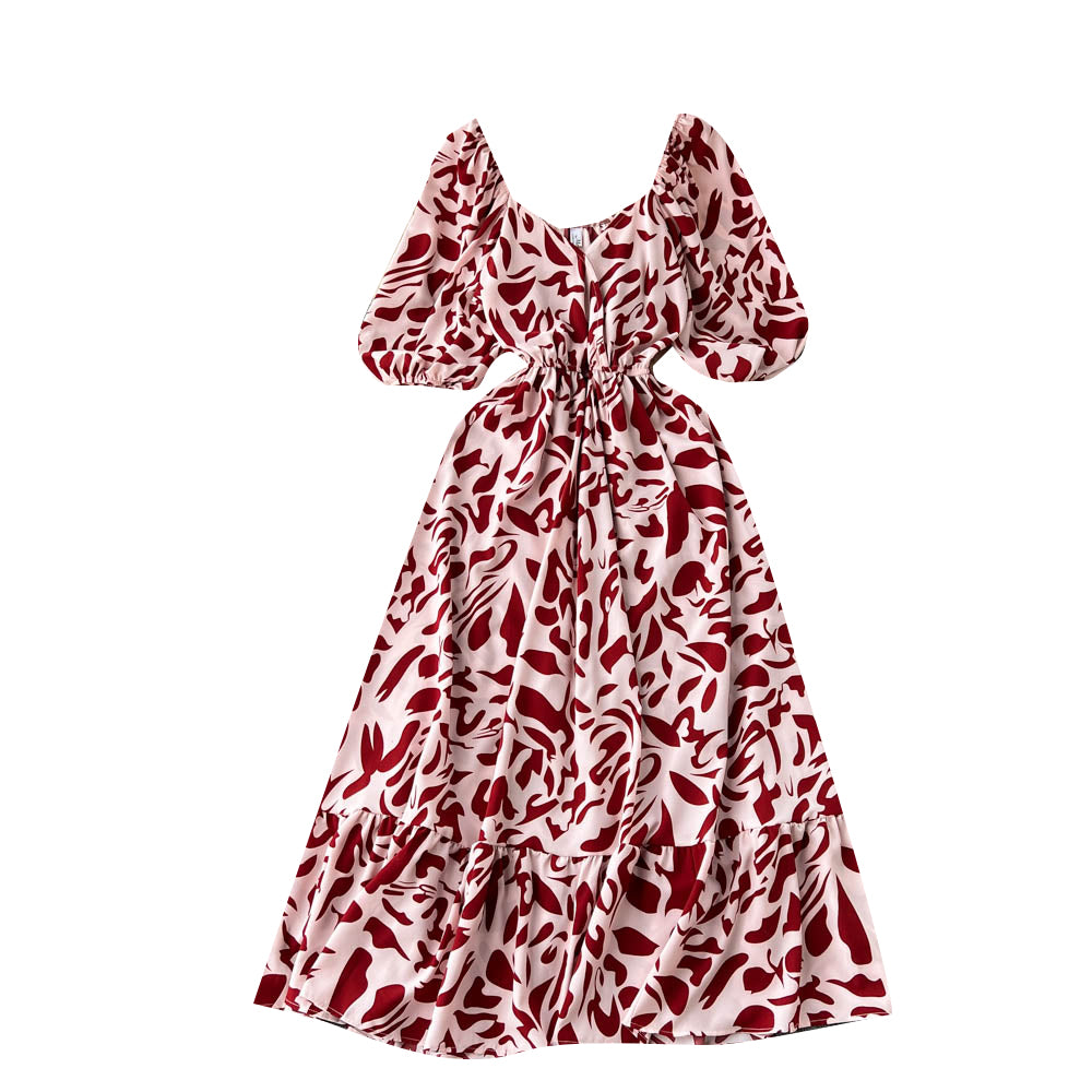 Square Neck Bubble Sleeve Floral Dress