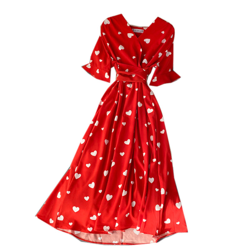 Heart Pattern Printed V-neck Maxi Dress