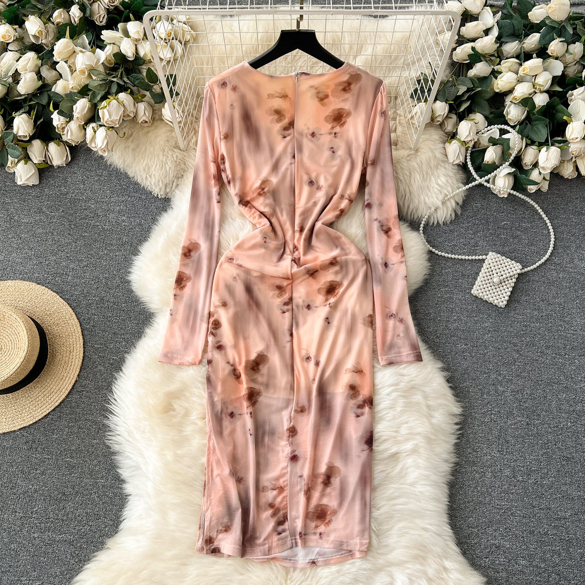 V-neck Pleated Tie-dye Printed Dress