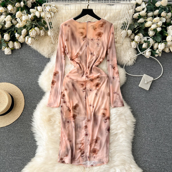 V-neck Pleated Tie-dye Printed Dress