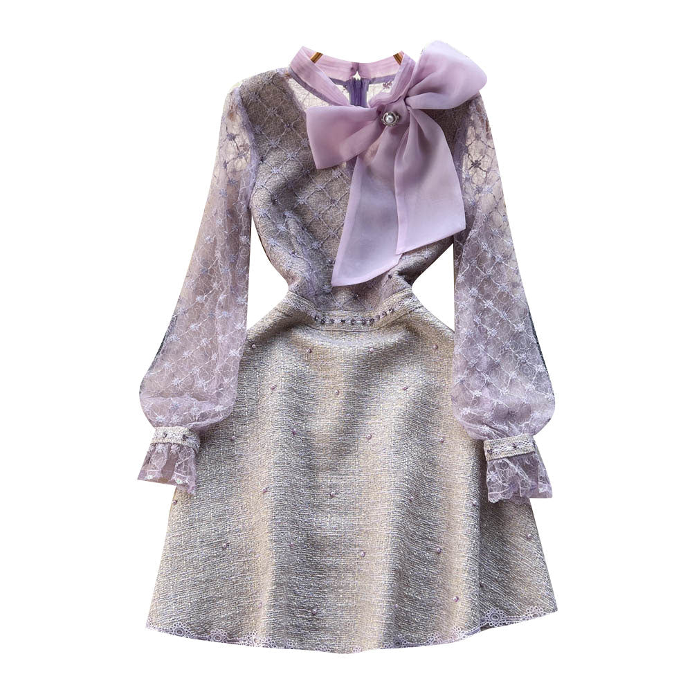 Beaded Embroidered Mesh Bow Dress