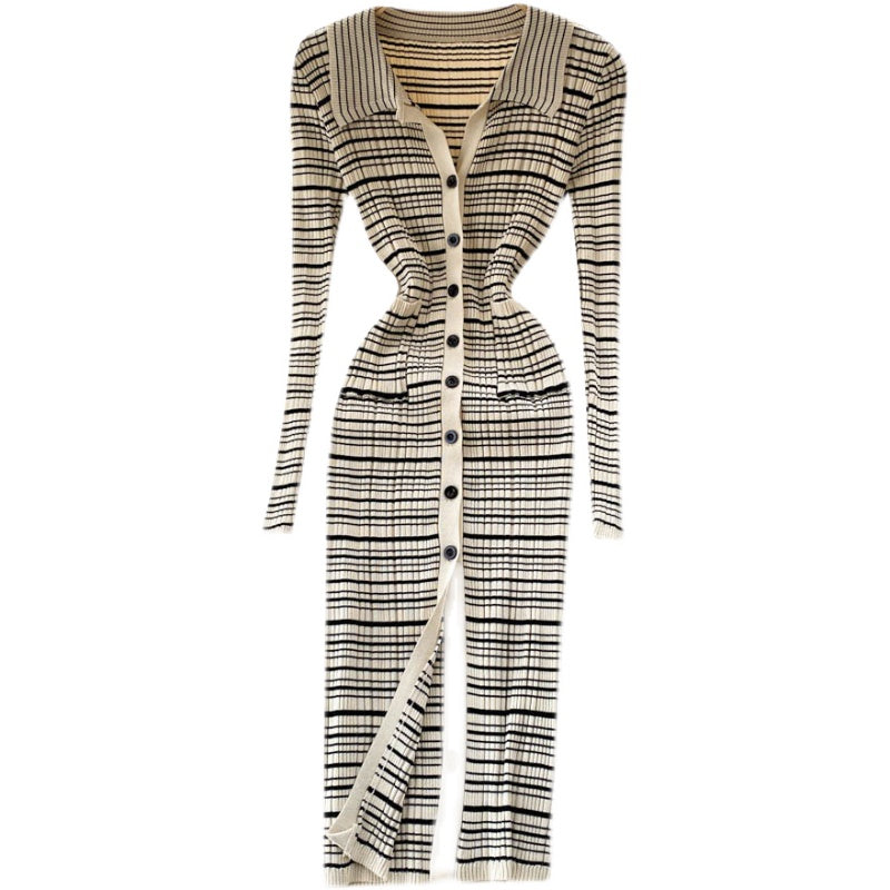 Vintage Striped Knitted Bottoming Shirt Dress