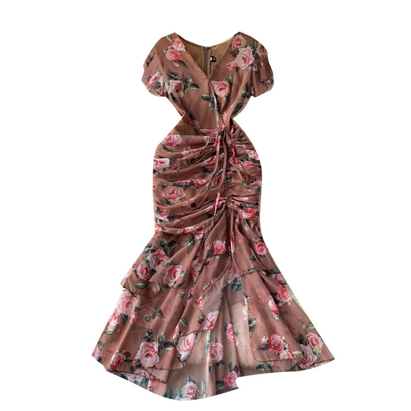 French Style Drawstring Floral V-neck Dress
