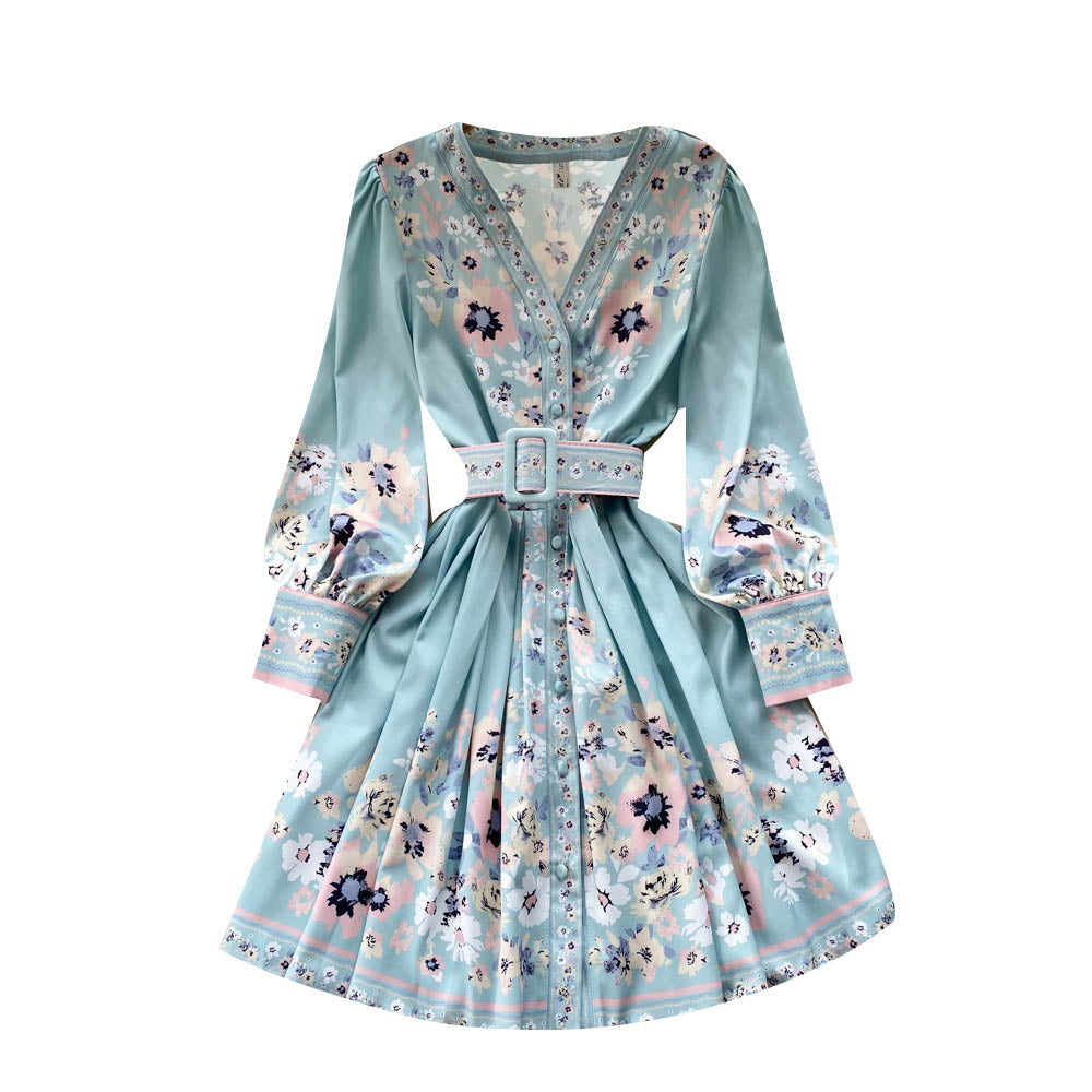 Flower Printed Long Sleeve Lace-up Dress