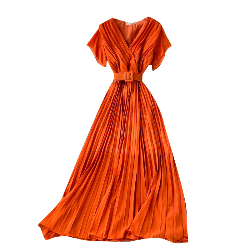 Solid Color Pleated Chiffon Dress