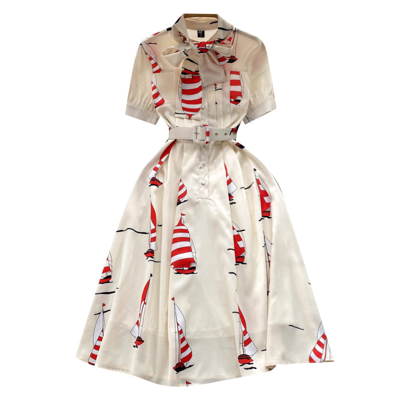Niche Printed Shirt Dress with Belt