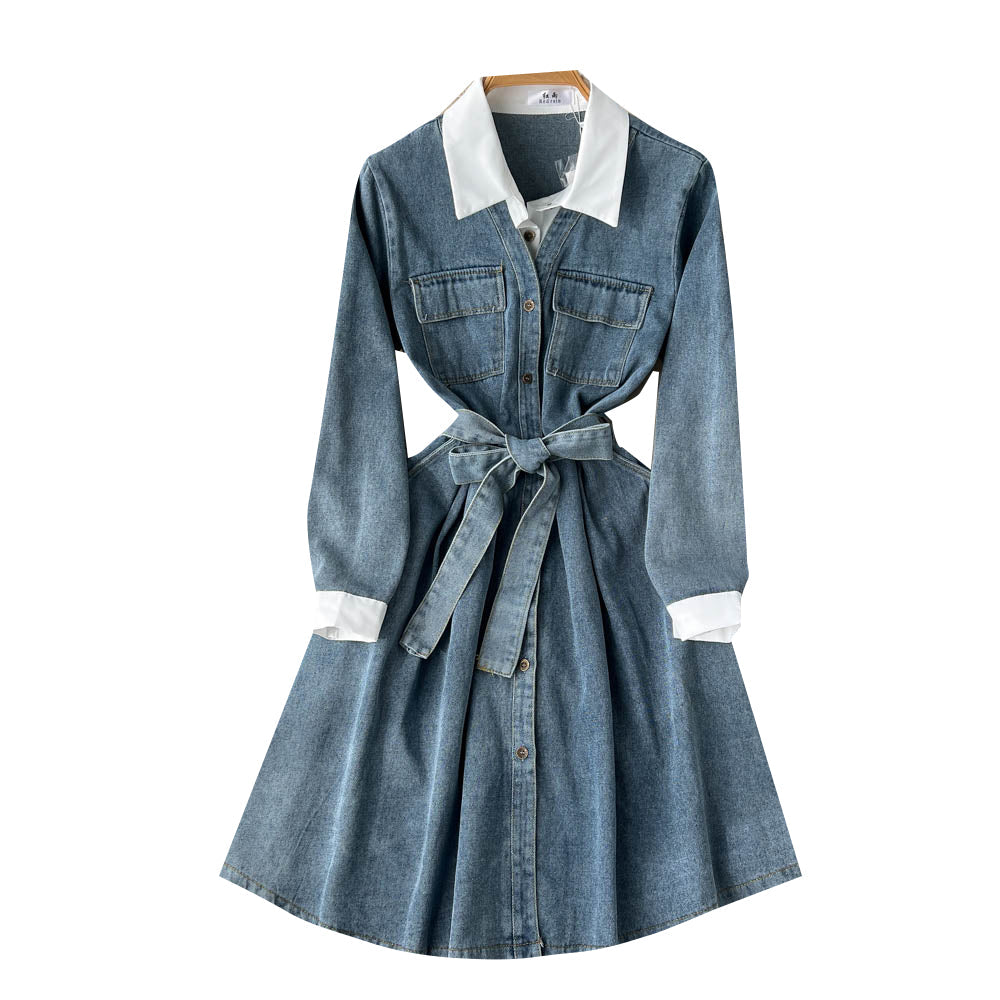 Patchwork Lapeled Denim Shirt Dress