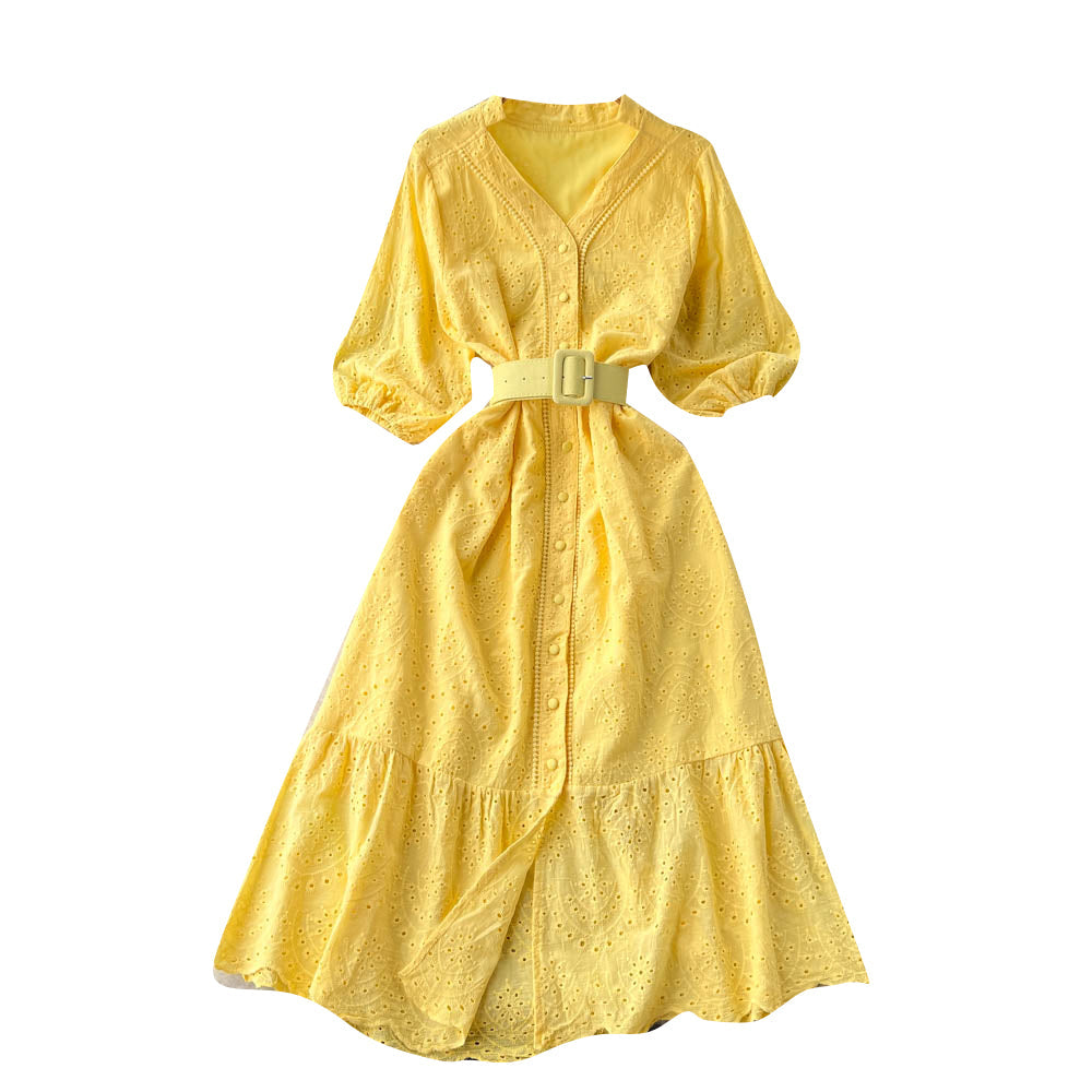 Frock With Hollow V-neck And Bubble Sleeves