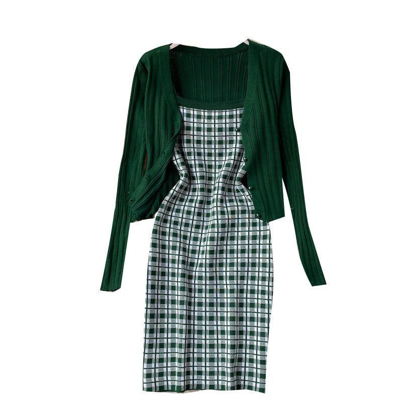 Knitted Cardigan&Plaid Dress 2Pcs