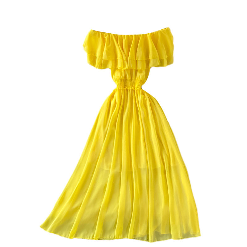 Off-shoulder Ruffle Mesh Chiffon Dress