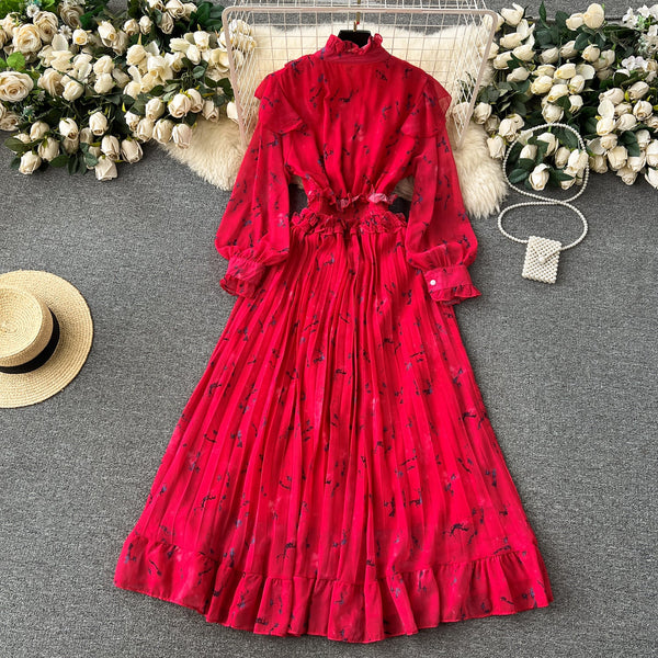 Courtly Pleated Floral Chiffon Dress
