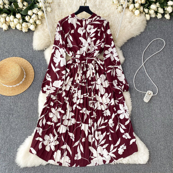 French Style Pleated Printed Dress