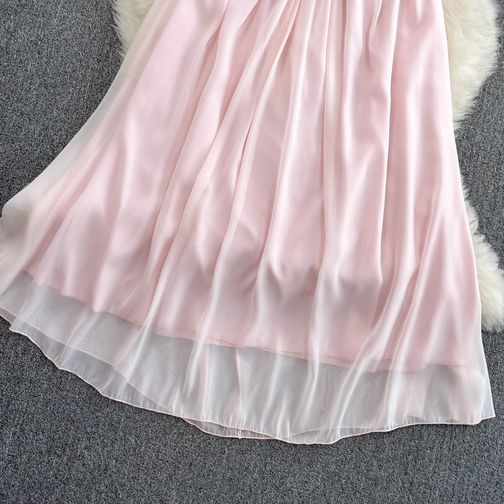 3d Floral Pink Chiffon Halter Dress