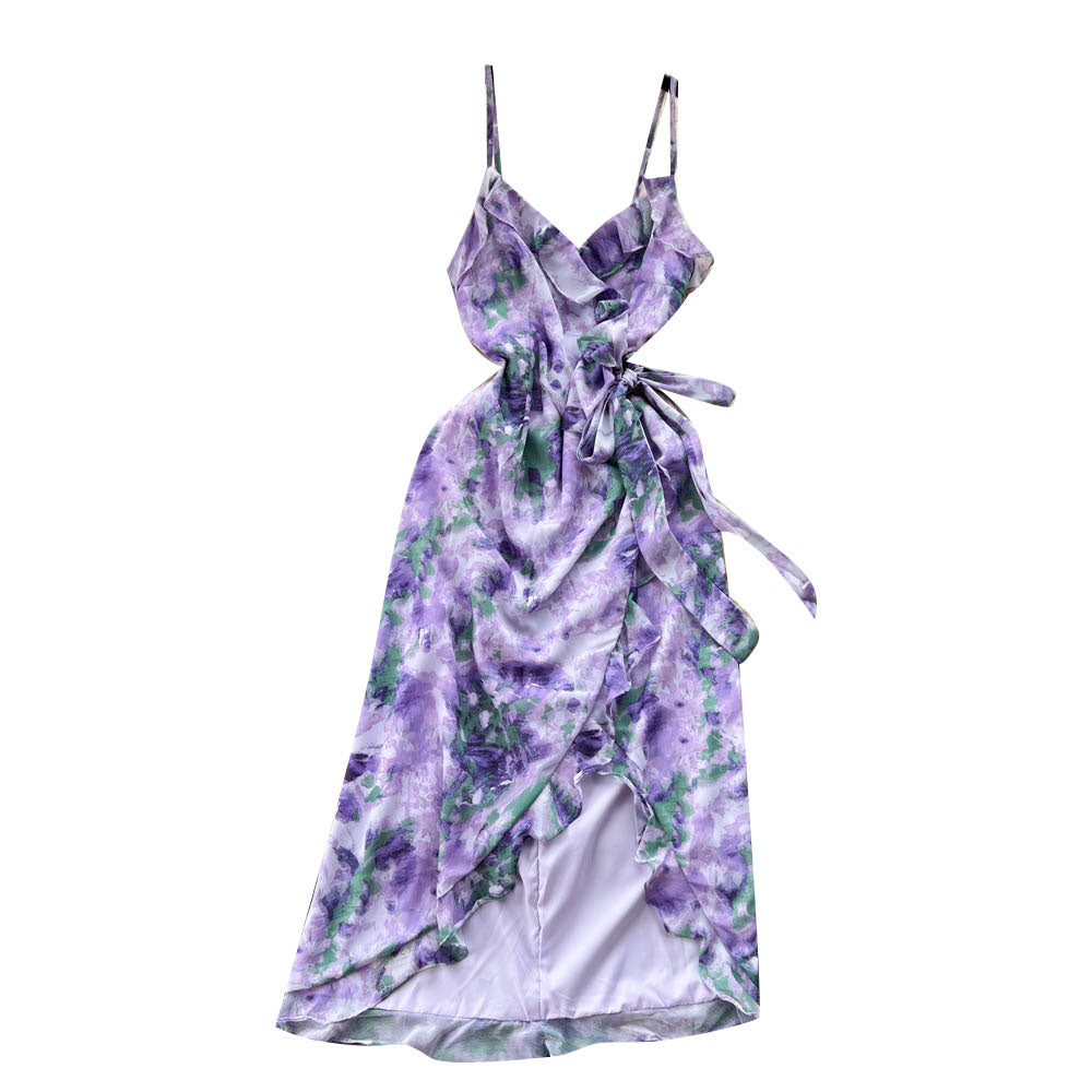 Lace-up Purple Floral Slip Dress