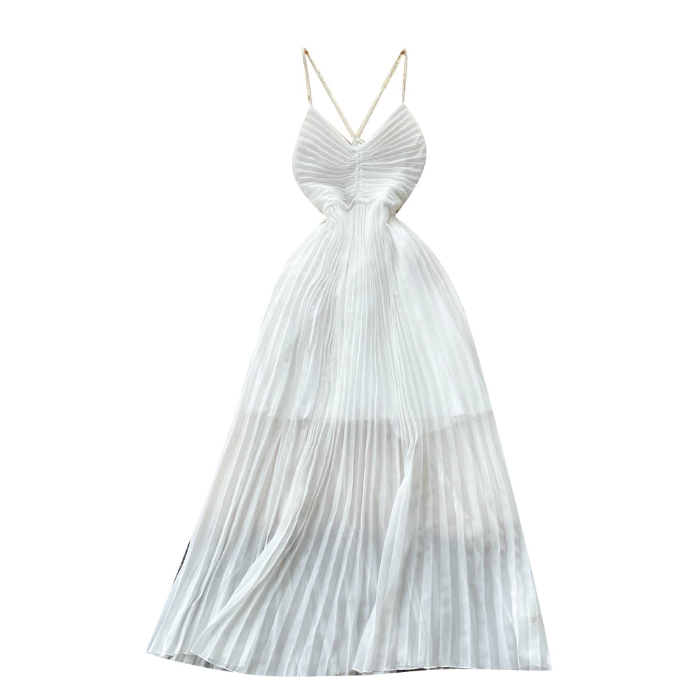 High-waist Pleated White Chiffon Dress