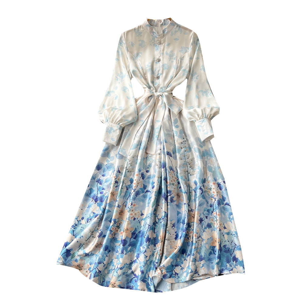 Stand Collar Patchwork Floral Chiffon Dress