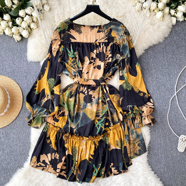 Elegant Lace-up Draped Printed Dress