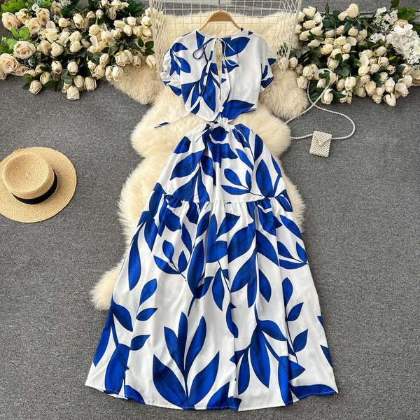 V-neck Hollowed Floral Chiffon Dress