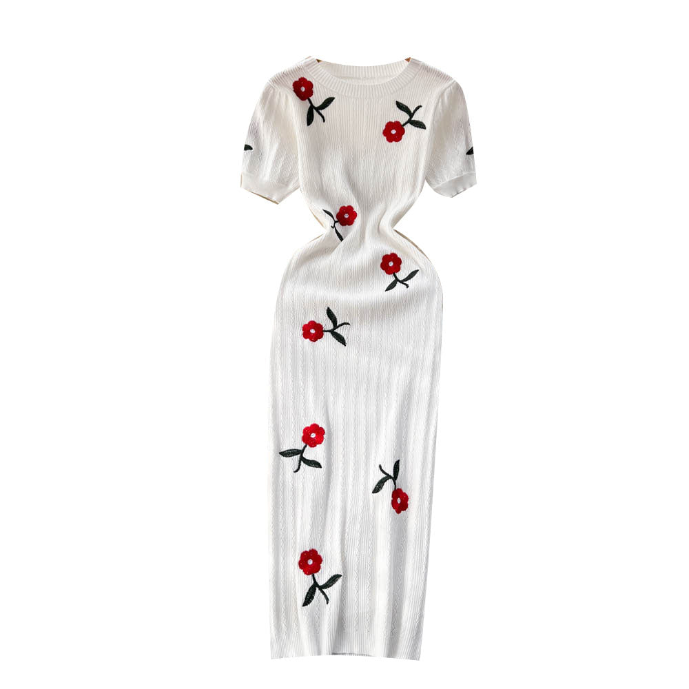 Elegant Embroidered Rose Knitted Dress
