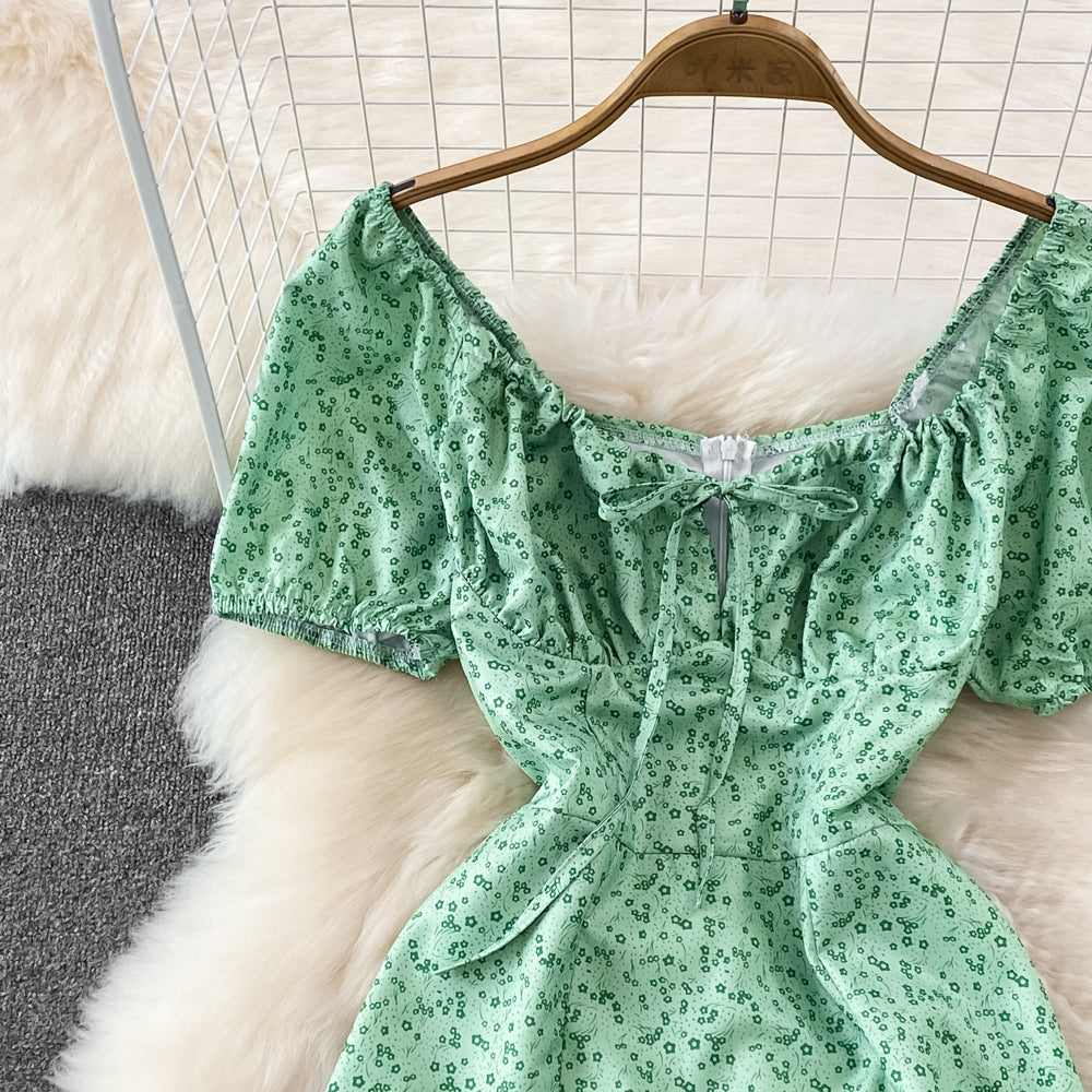 French Style Puff Sleeve Floral Dress