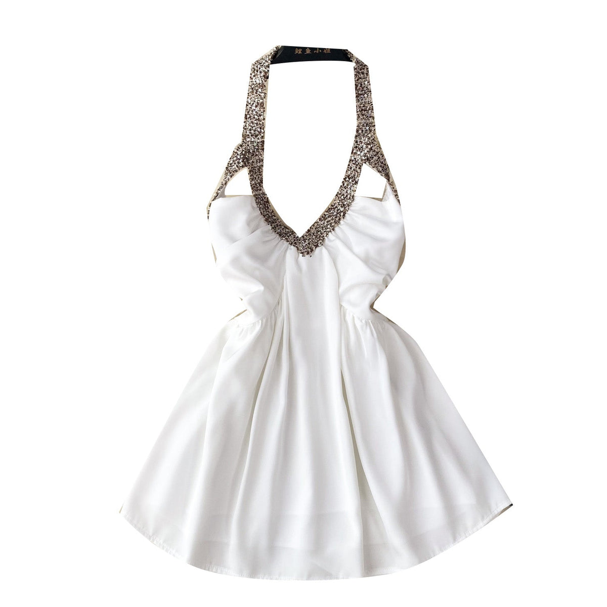 Sequin Backless Satin Halter Dress