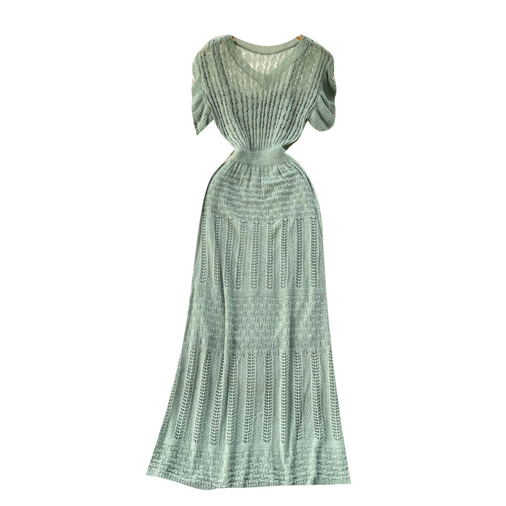 Solid Color V-neck A-line Dress