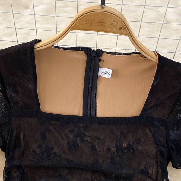 Square Collar Lace Patchwork Black Dress