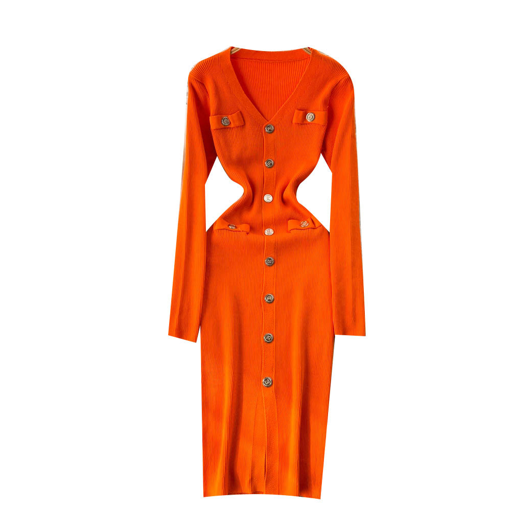 Single Breasted V-neck Knitted Dress