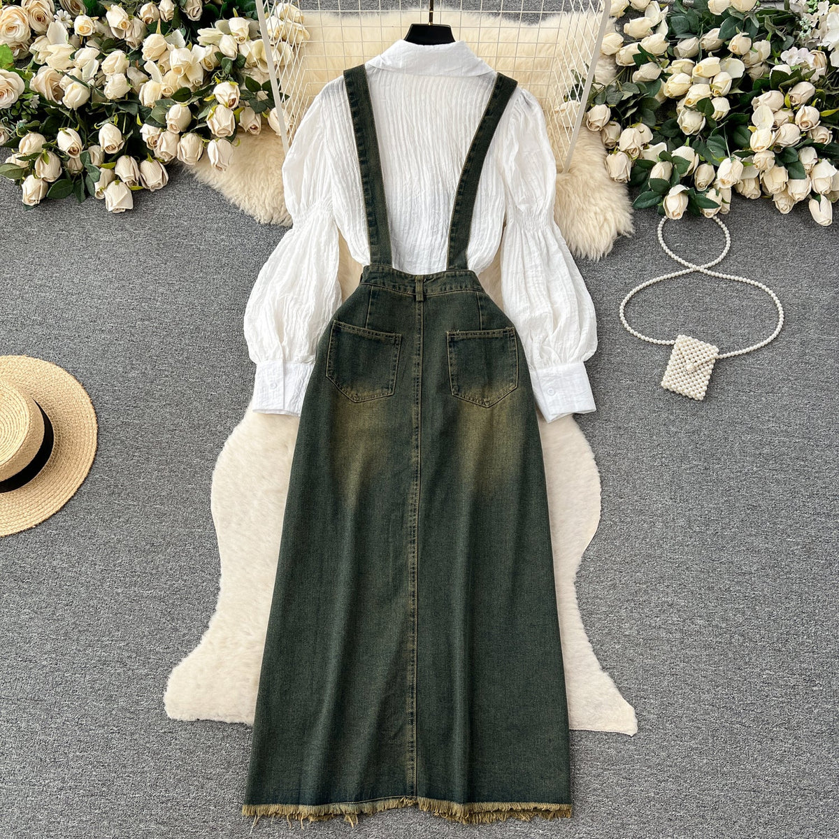 Strappy Denim Dress&White Shirt 2Pcs