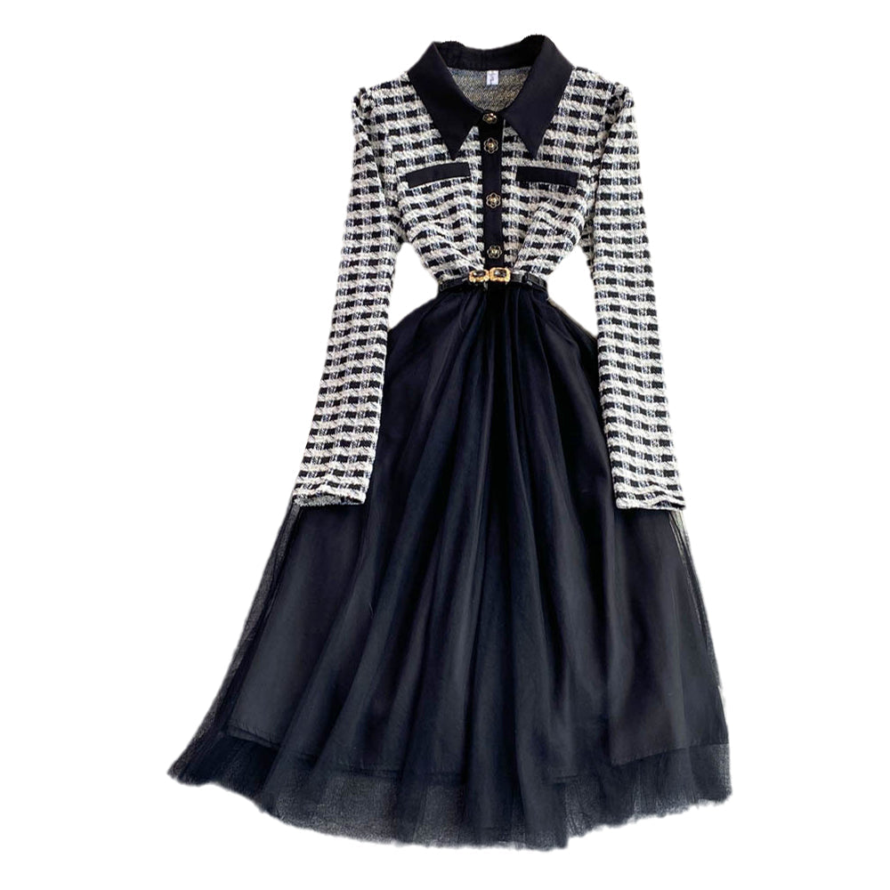 Plaid Knitted A-line Mesh Dress