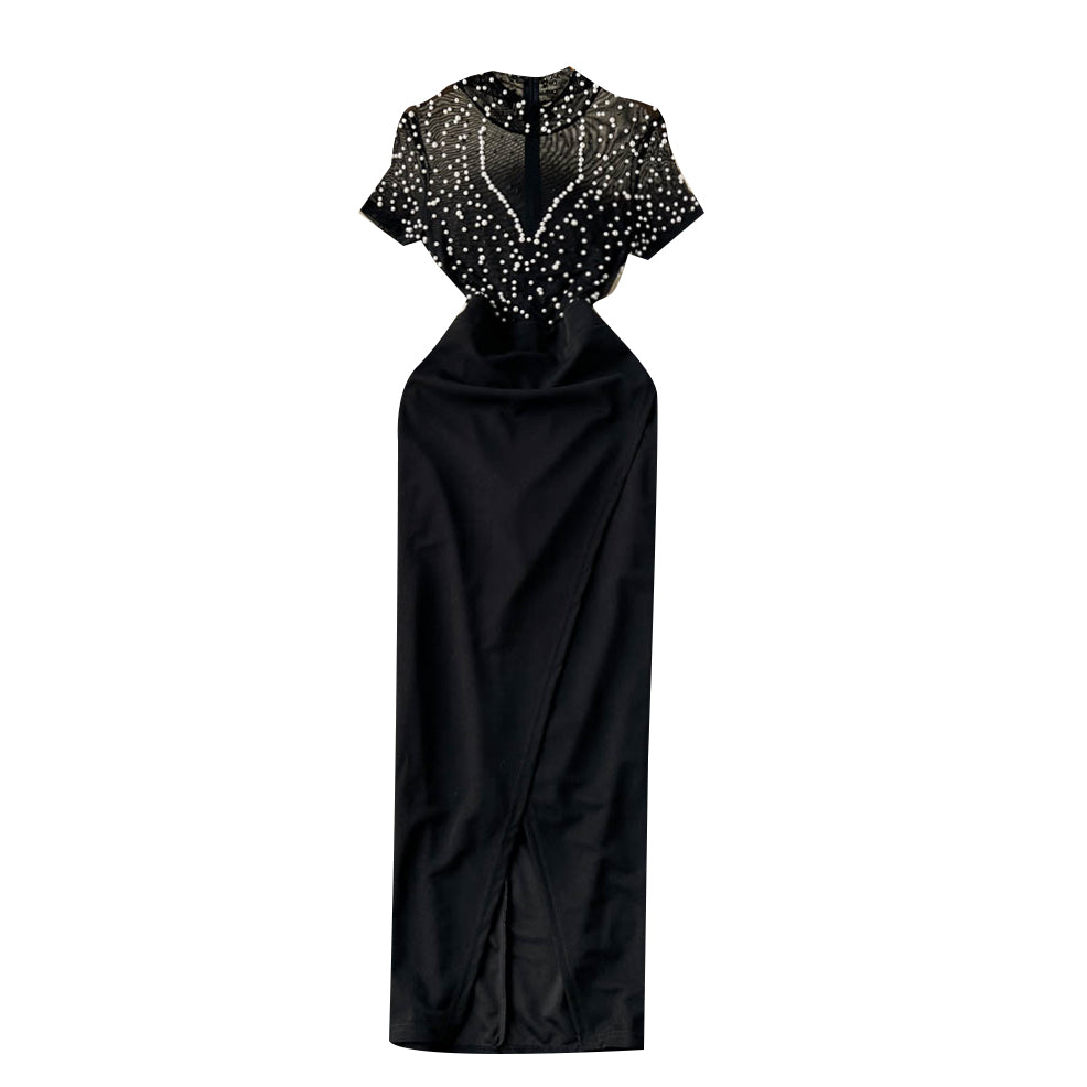 Beaded Patchwork Split Black Dress