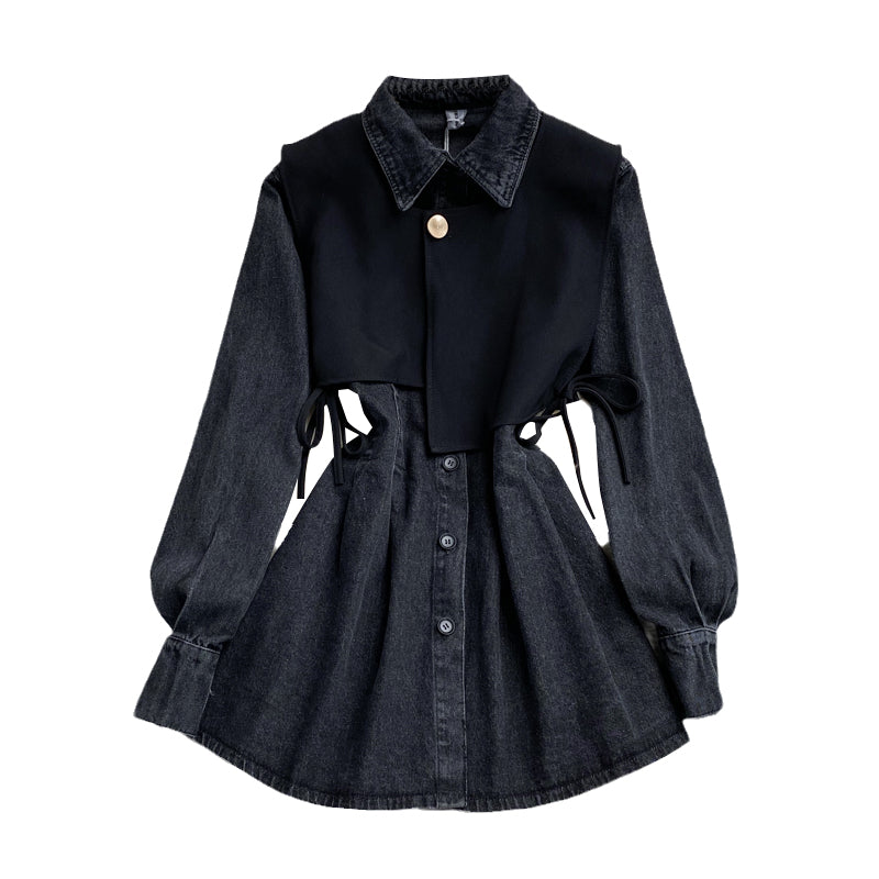 Faux Two-piece Lapeled Denim Dress