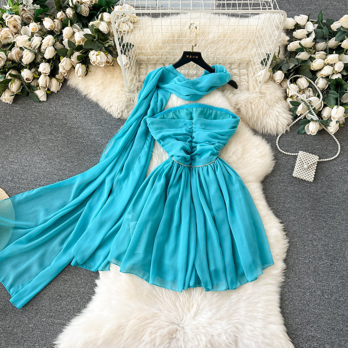 High-end Pleated Blue Dress with Ribbon